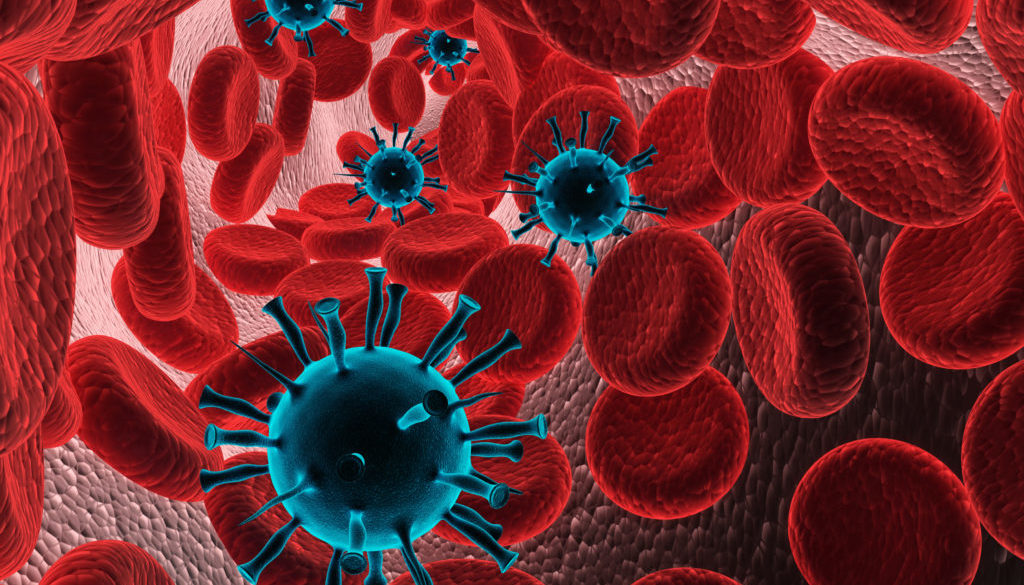 Red Blood cells with virus, Bacteria 3d illustration