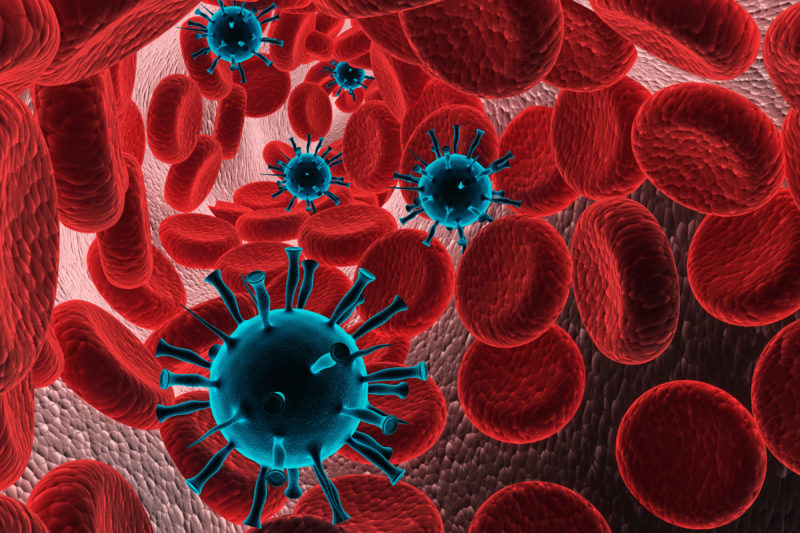 Red Blood cells with virus, Bacteria 3d illustration